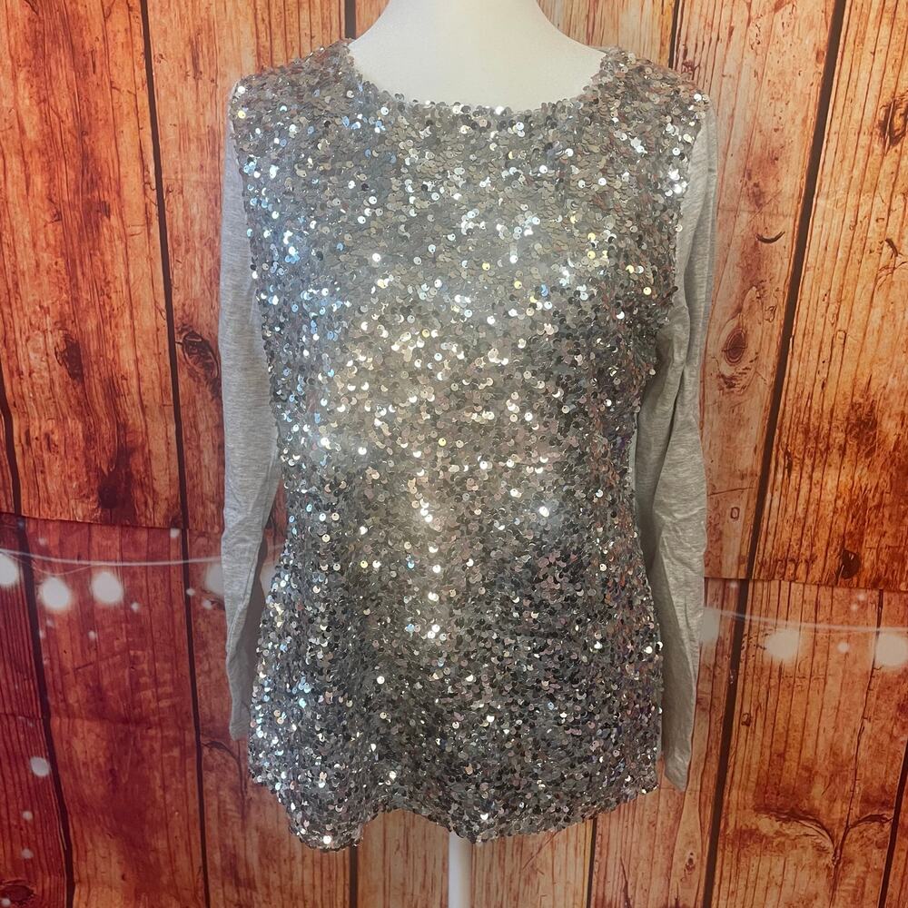 Talbots silver sequin shell long sleeve top size Small pima cotton holiday - Picture 2 of 6